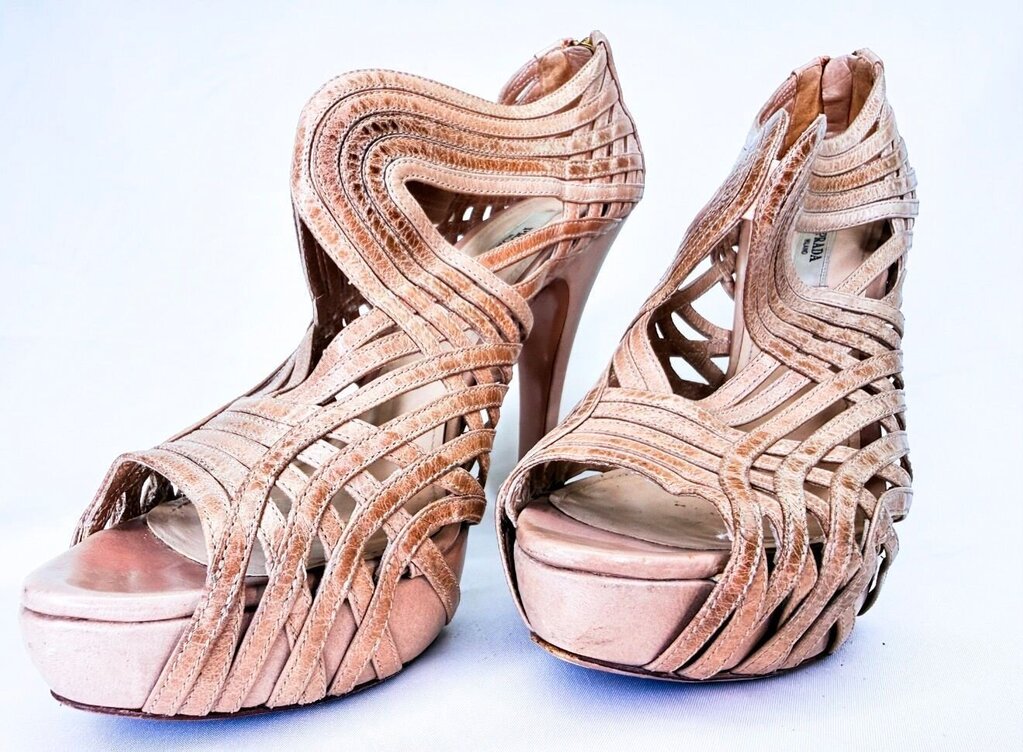 Prada Nude Textured Open Toed Heels