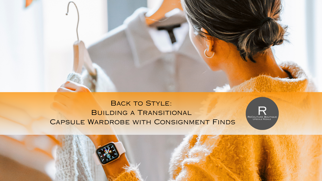 A woman in an orange sweater holding up clothing at a thrift shop. 