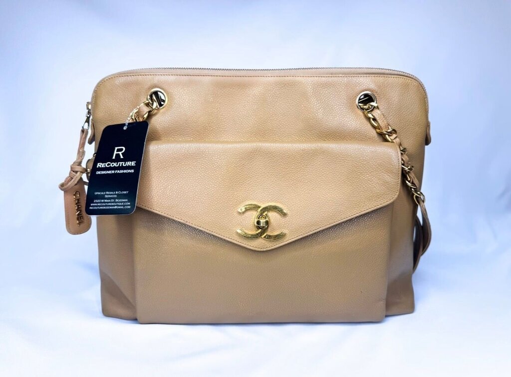 Chanel Vintage Beige Caviar Pocket Tote Bag