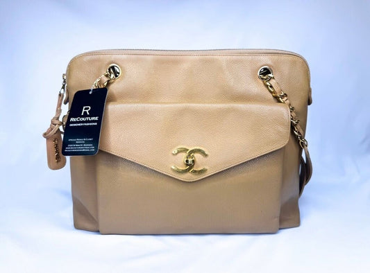 Chanel Vintage Beige Caviar Pocket Tote Bag