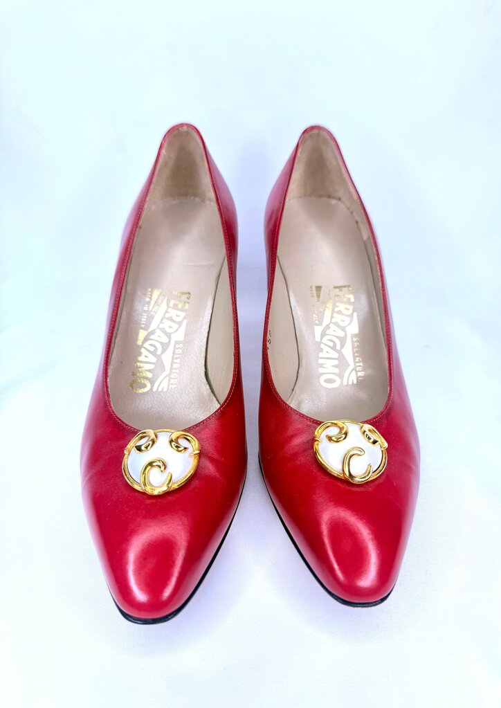 Ferragamo Red Low Pumps with Pearl and Gold Accent