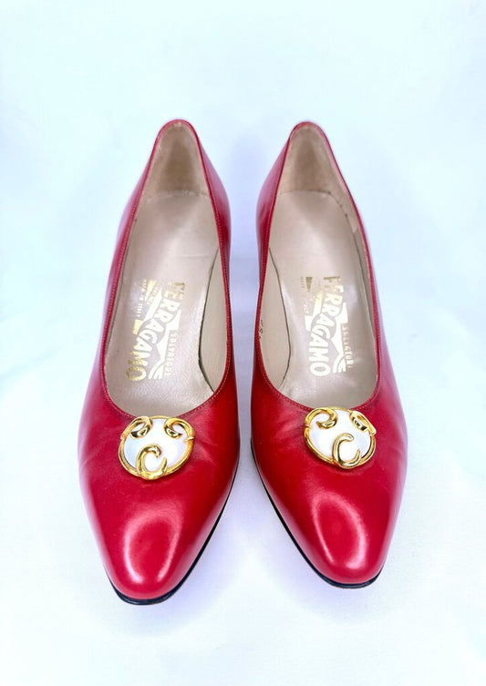 Ferragamo Red Low Pumps with Pearl and Gold Accent