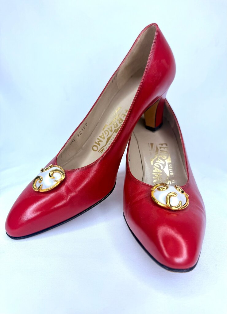 Ferragamo Red Low Pumps with Pearl and Gold Accent