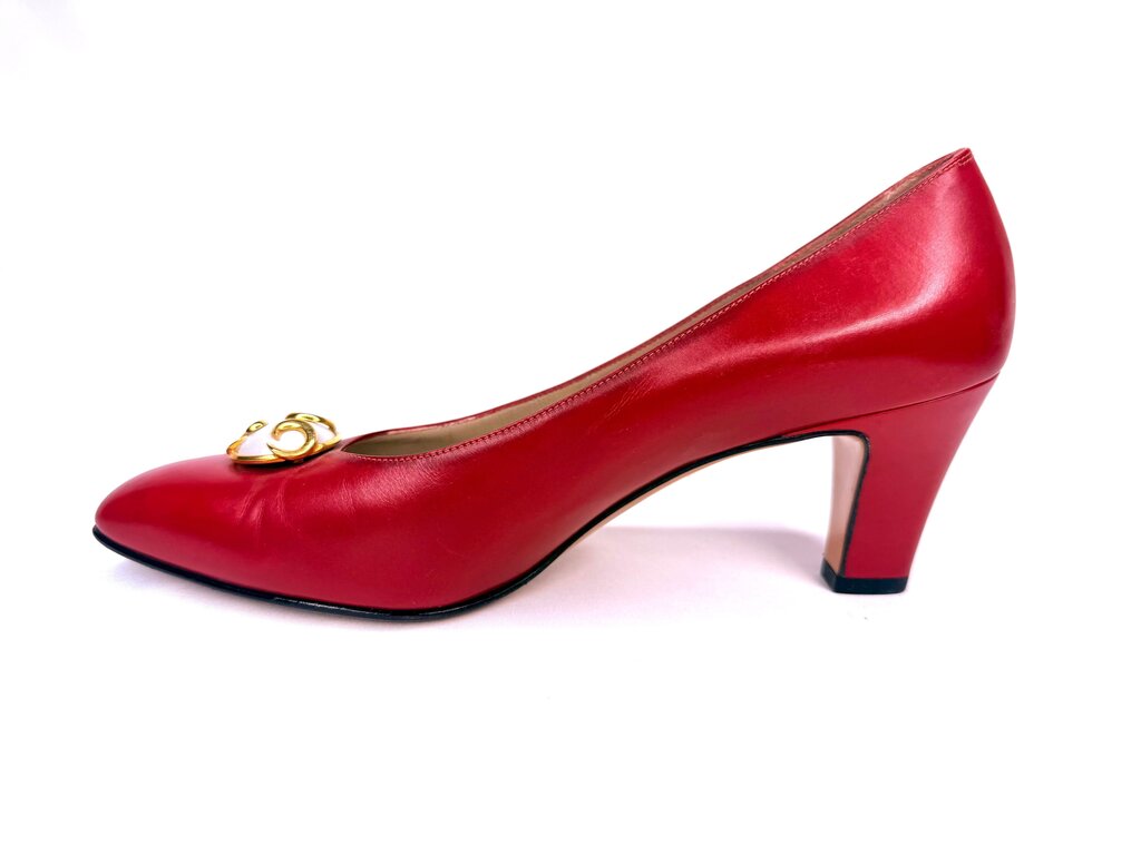 Ferragamo Red Low Pumps with Pearl and Gold Accent