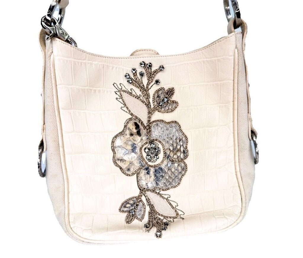 Embellished Cream Leather Crossbody Bag