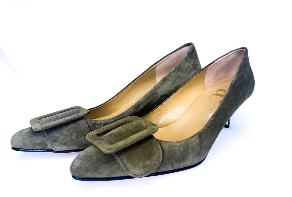 Olive Green Suede Heels with Buckle