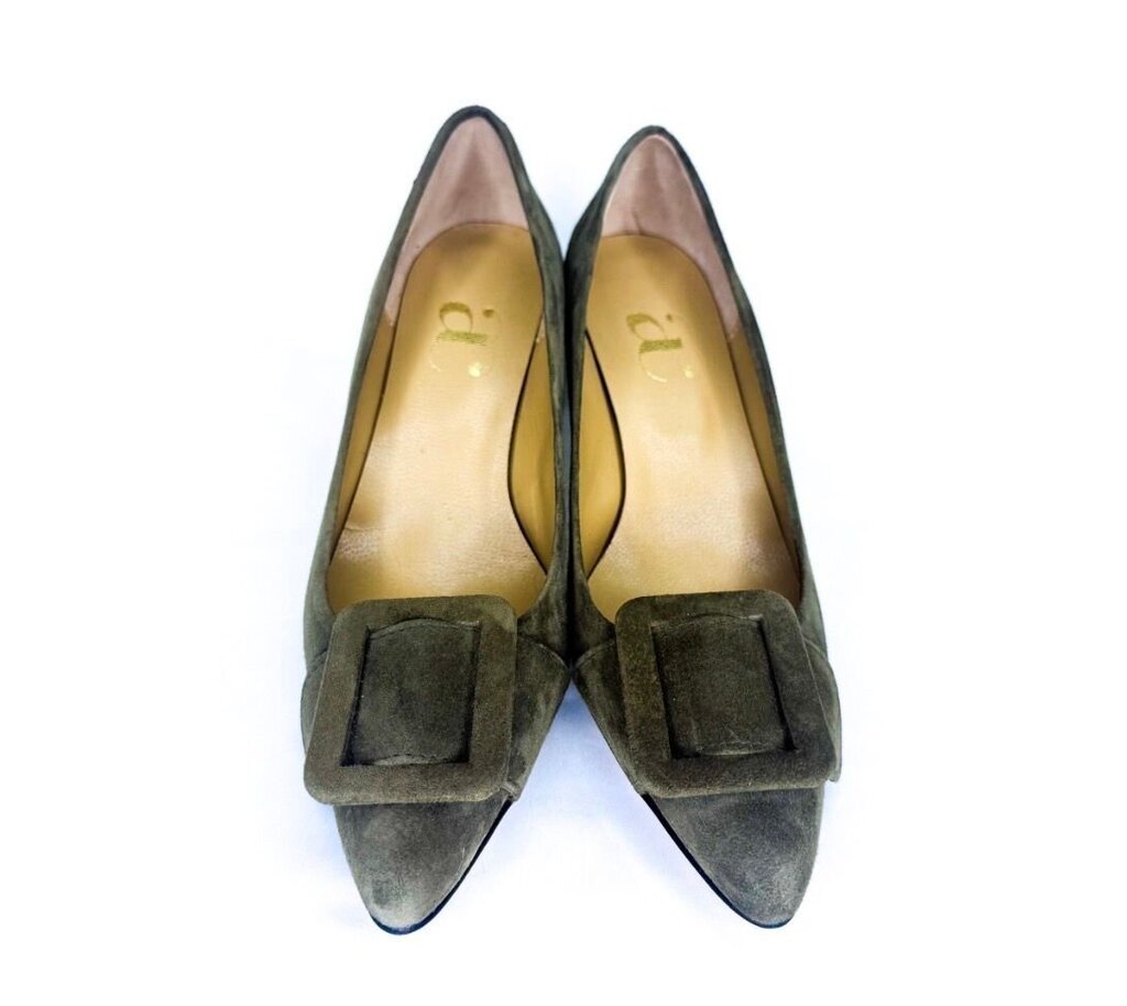 Olive Green Suede Heels with Buckle